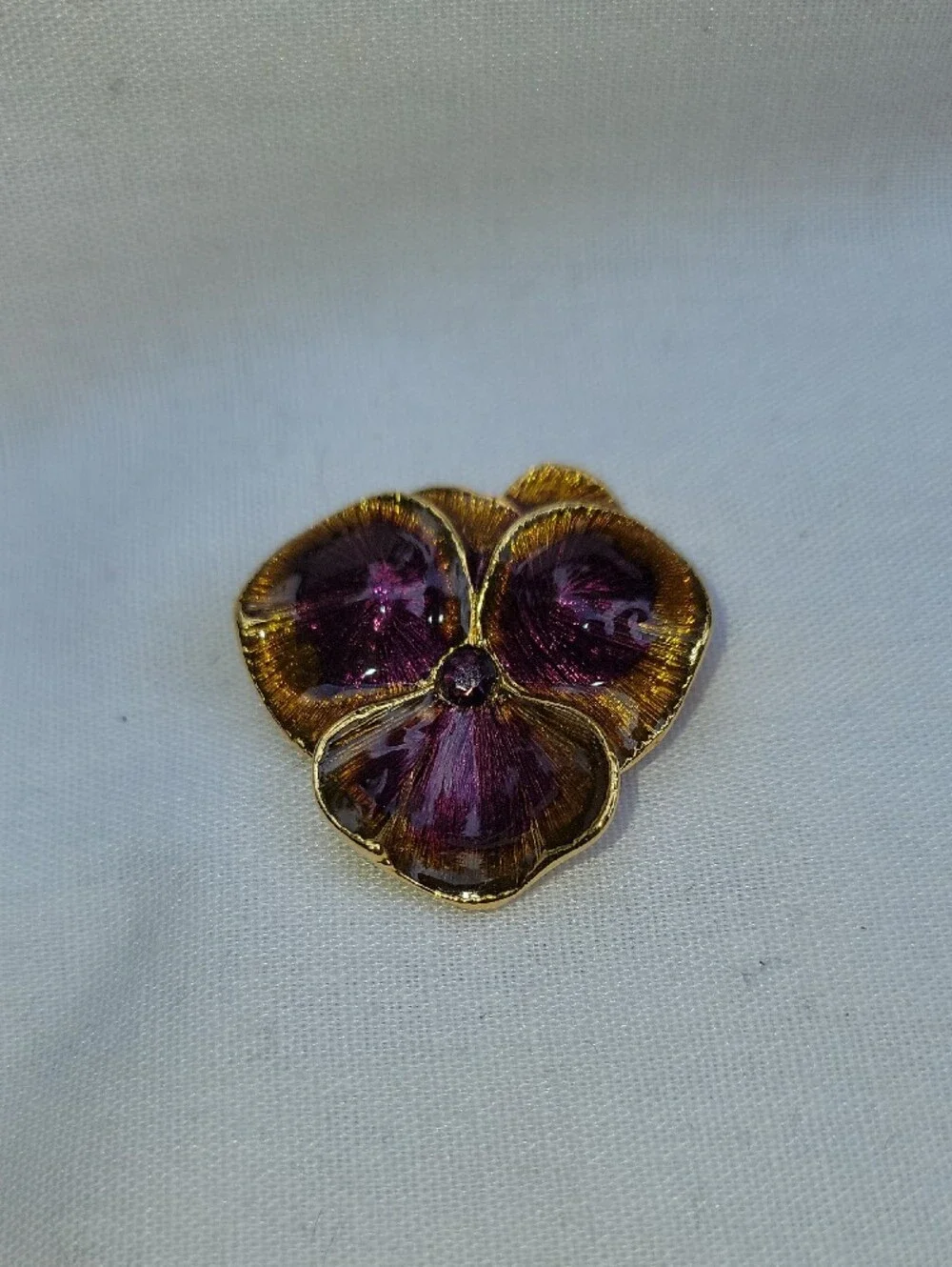 Vintage Joan Rivers Gold-Tone Brooch with Deep Purple Enamel Pansy Honey Orange
